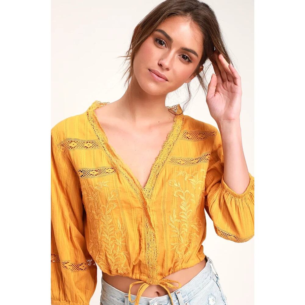 Free People Follow Your Heart Embroidered Crop Top in Gold Medium - Picture 2 of 13